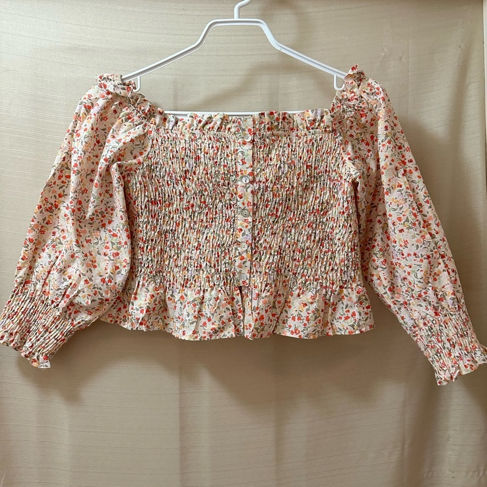 Zara Floral Smocked Cottagecore Puff Sleeve Peplum Crop Top Blouse Size L